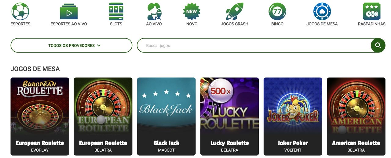 Seção Jogos de mesa da Brazino777 com European Roulette (Evoplay e Belatra), Black Jack (Mascot), Lucky Roulette 500x (Belatra), Joker Poker (Voltent) e American Roulette (Belatra)