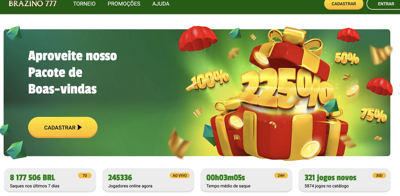 Página inicial da Brazino777 em português com o pacote de boas-vindas de 225% e os números: 8.177.506 BRL em saques nos últimos 7 dias, 245.336 jogadores online, tempo médio de saque de 3 minutos e 5 segundos, 5.874 jogos no catálogo