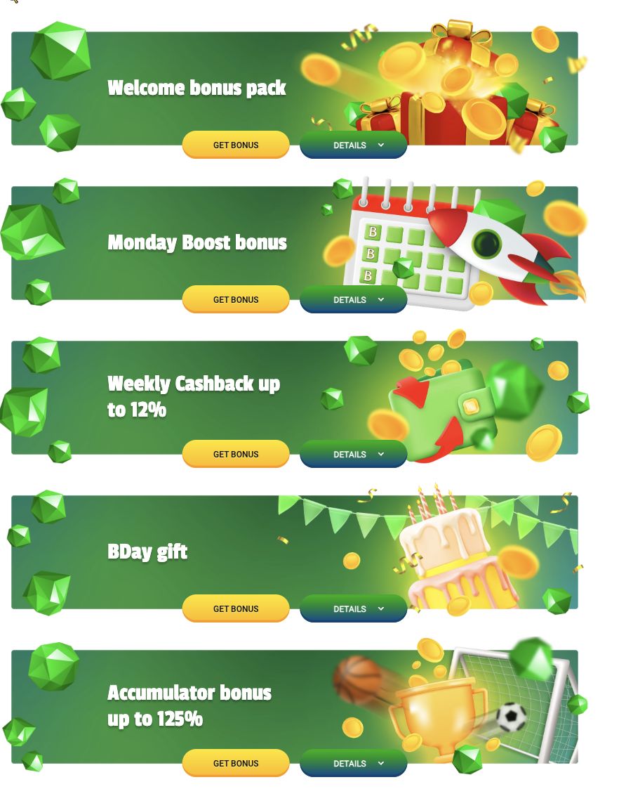 Área de promoções da Brazino777: Welcome bonus pack, Monday Boost bonus, Weekly Cashback de até 12%, BDay gift e Accumulator bonus de até 125%