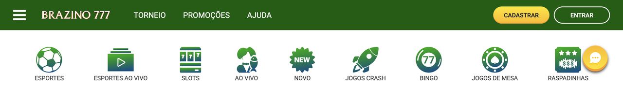Topo do site Brazino777 em português com os menus Torneio, Promoções e Ajuda, os botões Cadastrar e Entrar e as categorias Esportes, Slots, Ao vivo, Jogos Crash, Bingo, Jogos de mesa e Raspadinhas