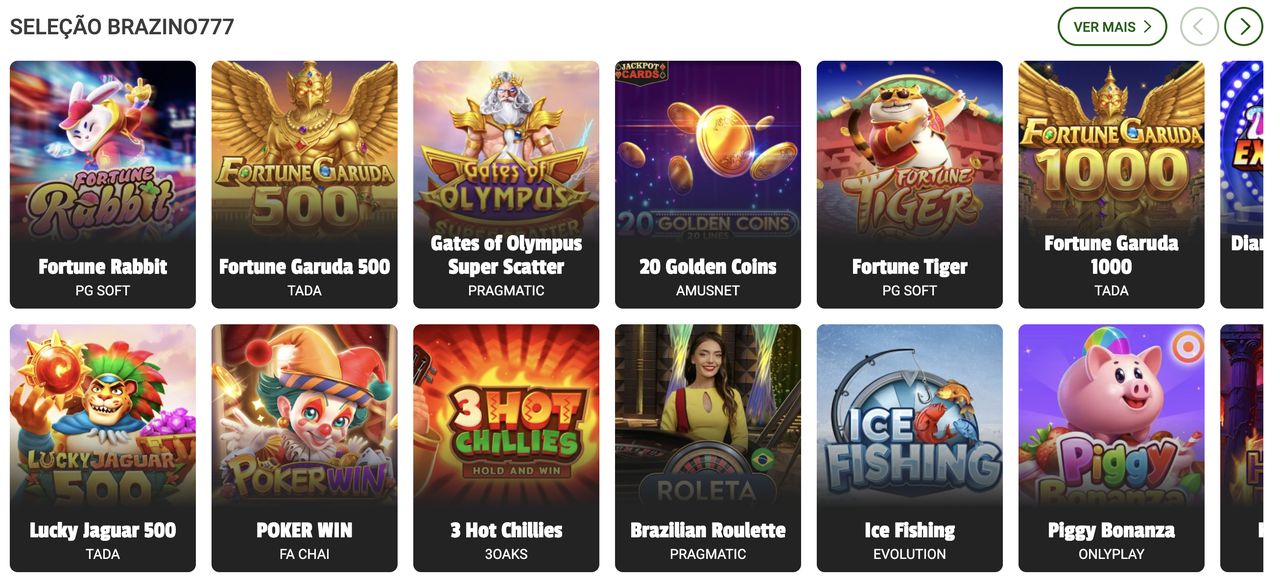 Seleção Brazino777 com Fortune Rabbit, Fortune Garuda 500, Gates of Olympus Super Scatter, 20 Golden Coins, Fortune Tiger, Fortune Garuda 1000, Lucky Jaguar 500, Poker Win, 3 Hot Chillies, Brazilian Roulette, Ice Fishing e Piggy Bonanza